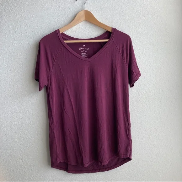 soft and sexy clothes AE Soft & Sexy V-Neck T-Shirt for Women in Cream, Size Large – Curved Hem Modal Stretch Tee